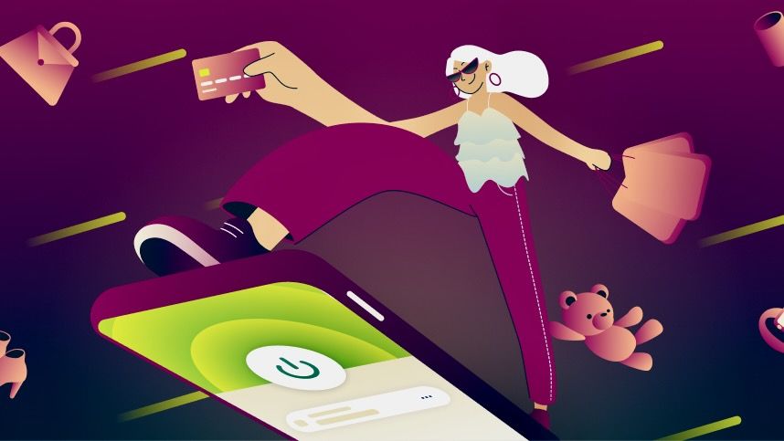 Illustration of a woman surfing on top of a device displaying ExpressVPN, holding a credit card