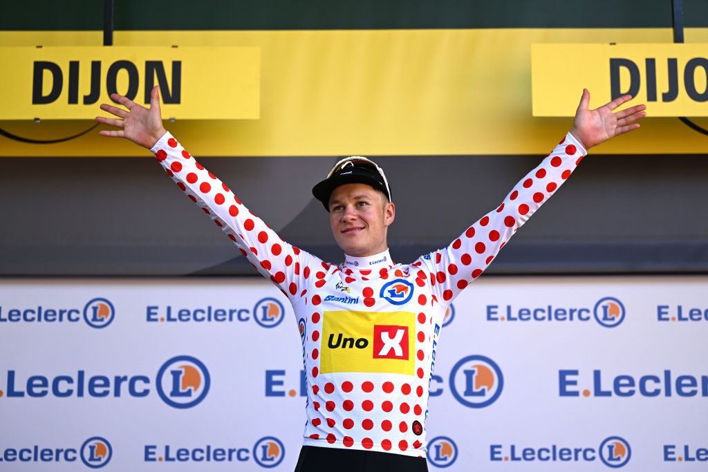 DIJON FRANCE JULY 04 Jonas Abrahamsen of Norway and Team UnoX Mobility celebrates at podium as Polka Dot Mountain Jersey winner during the 111th Tour de France 2024 Stage 6 a 1635km stage from Macon to Dijon UCIWT on July 04 2024 in Dijon France Photo by Tim de WaeleGetty Images