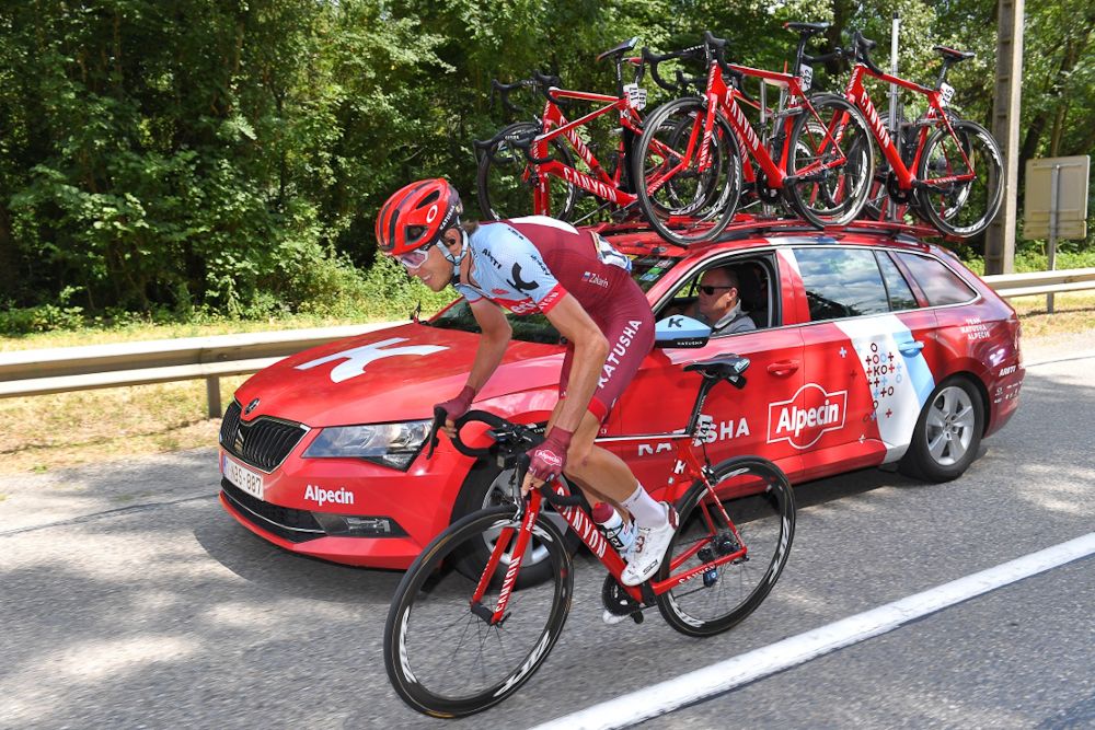 Ilnur Zakarin at the Katusha team car during stage 13 at the Tour de France