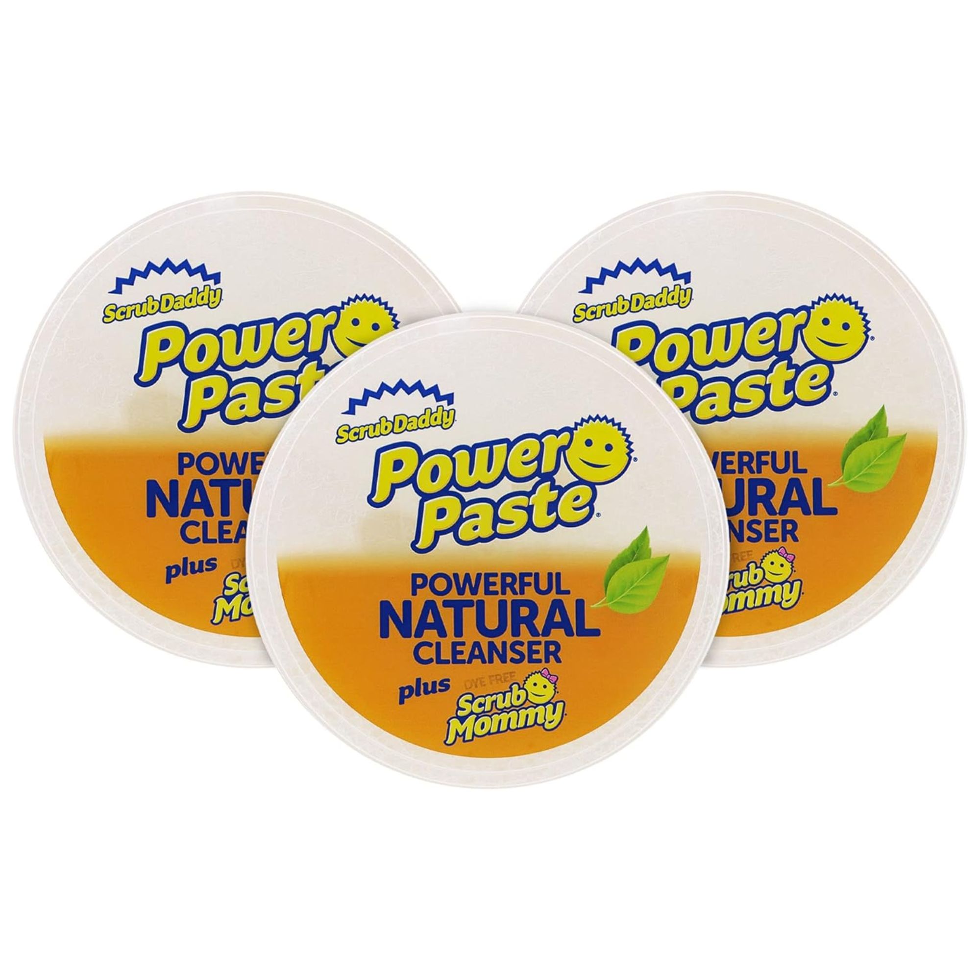Three white and orange tubs of ScrubDaddy Power Paste