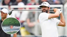 Adam Hadwin hits a tee shot with his driver, whilst a fan jumps in the water