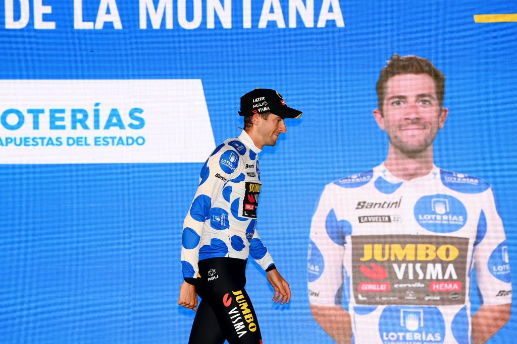 UTRECHT NETHERLANDS AUGUST 19 Chris Harper of Australia and Team Jumbo Visma celebrates winning the Polka dot mountain jersey on the podium ceremony after during the 77th Tour of Spain 2022 Stage 1 a 233km team time trial in Utrecht LaVuelta22 WorldTour on August 19 2022 in Utrecht Netherlands Photo by Tim de WaeleGetty Images