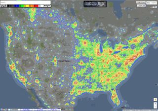 The Dark Site Finder website overlays worldwide light pollution data onto Google Maps. Red and white zones indicate skies with bad light pollution in urban areas while blues and grays indicate nearly pristine dark skies. The map can be zoomed and searched to find dark sky areas close to your location.