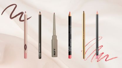 Collage of 6 of the best lip liners featured in this guide from (left to right) Charlotte Tilbury, elf, REFY, Nyx Professional Makeup, MERIT and MAC, on a pink fabric style background with 2 swatches