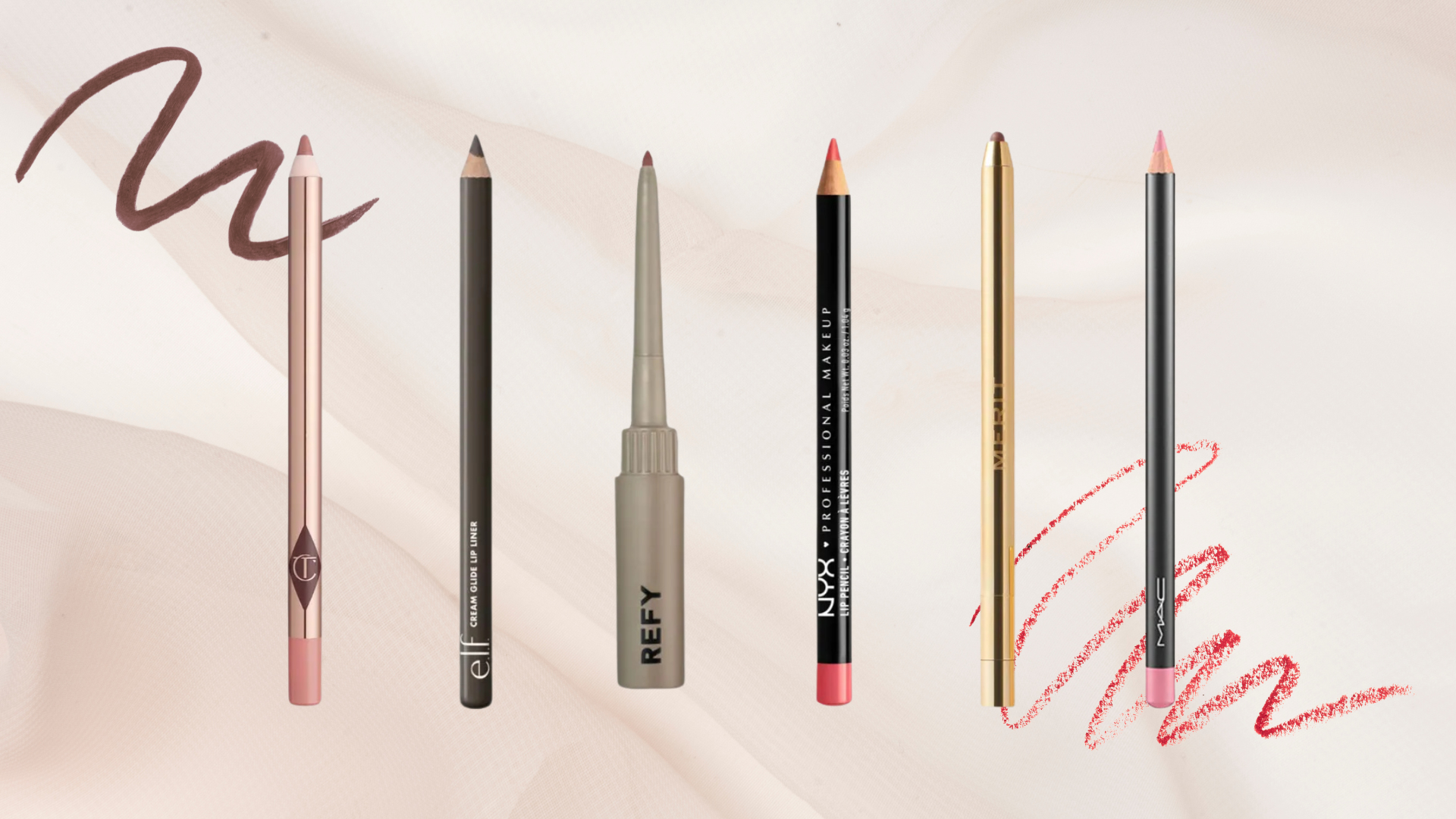 Collage of 6 of the best lip liners featured in this guide from (left to right) Charlotte Tilbury, elf, REFY, Nyx Professional Makeup, MERIT and MAC, on a pink fabric style background with 2 swatches