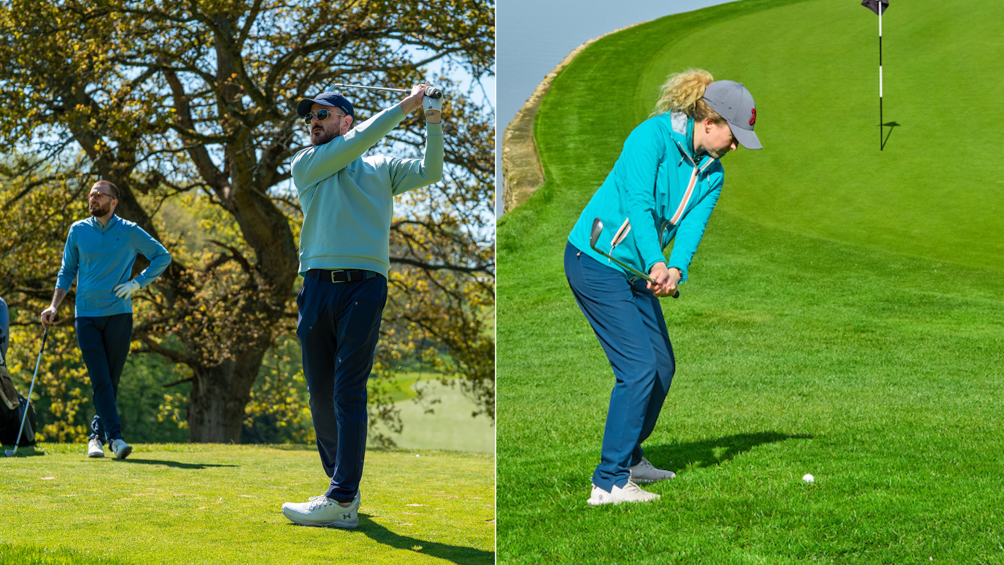 Male and female golfers hitting shots