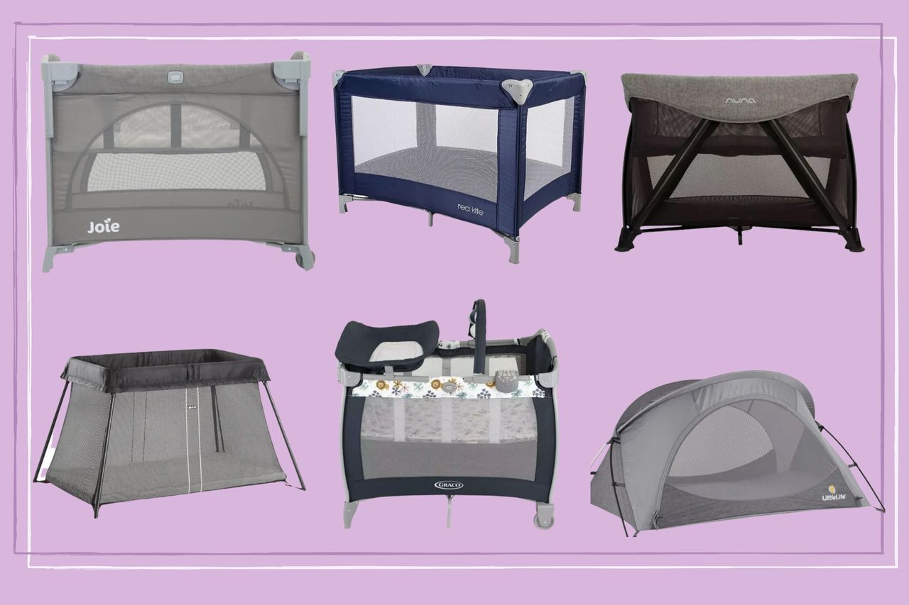 A collage of the seven best travel cots tried and tested by mums and babies for this buying guide