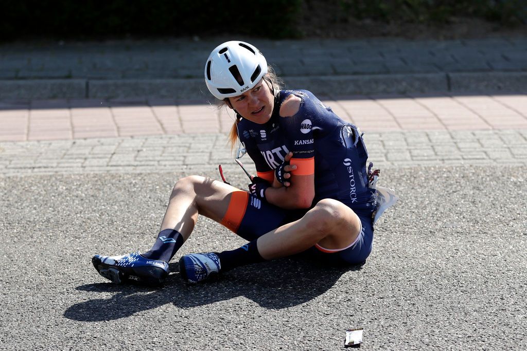 Katerine Aalerud on the ground after a crash