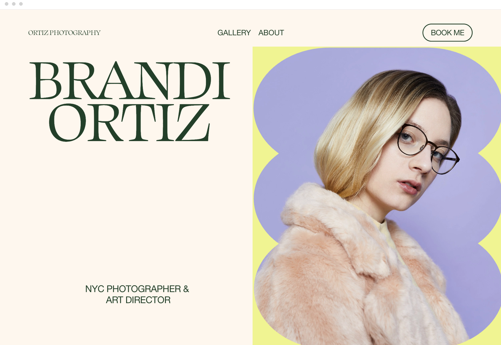 A screenshot of a portfolio website for Brandi Ortiz, featuring prominent green serif typography on a cream background alongside a stylized, scalloped photo portrait of a person in a plush pink coat.