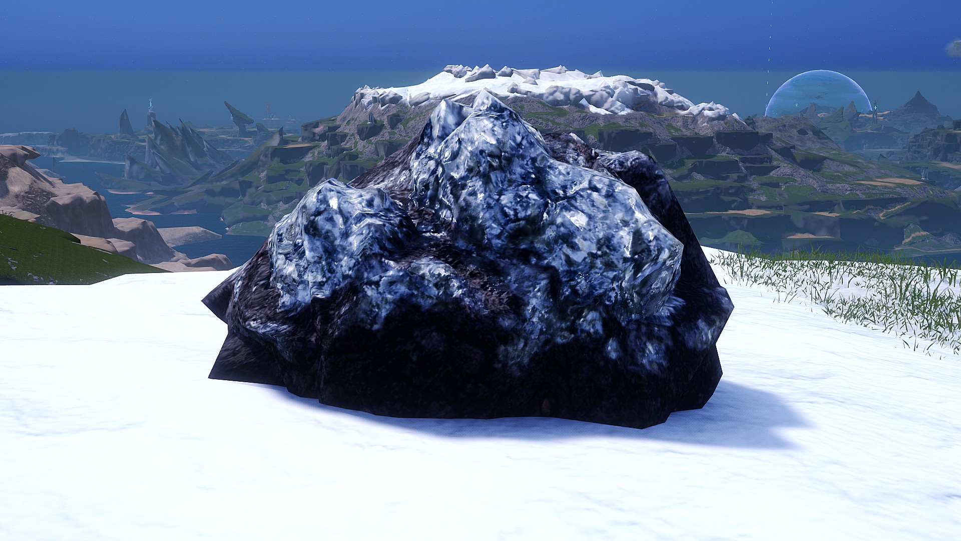 A large deposit of Palworld Pure Quartz on a snowy mountaintop.