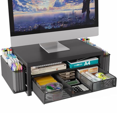 Metal Monitor Stand Riser With Drawer & 2 Pen Holders 