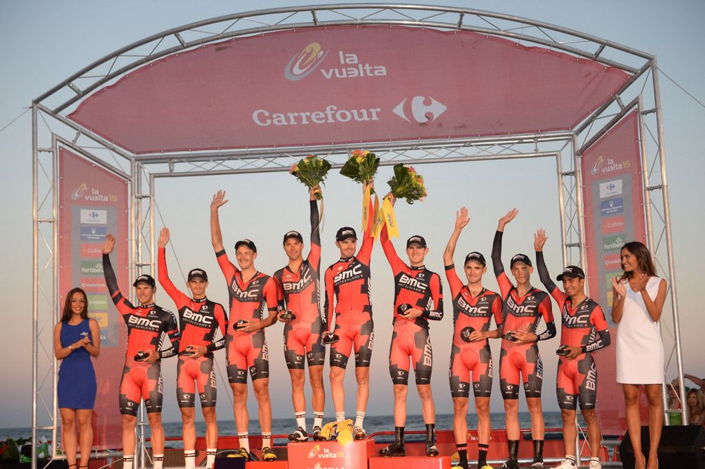 BMC celebrate its second team time trial win at a grand tour in 2015 after its Tour de France victory