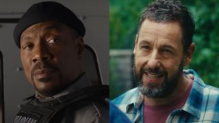 Eddie Murphy looks over seriously in The Pickup, pictured next to Adam Sandler with a mischievous smile in Happy Gilmore 2. 