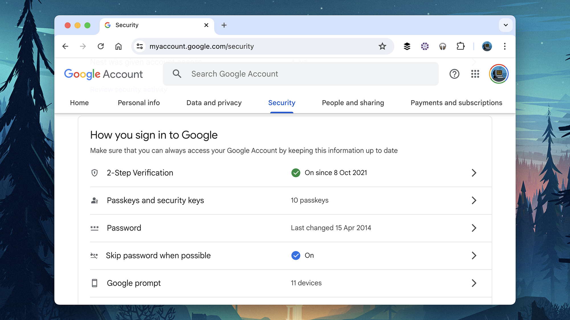 Google account settings on the web