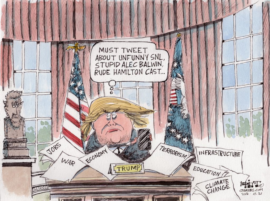 Political cartoon U.S. Donald Trump tweeting ignoring big issues | The Week