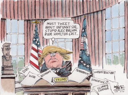Political cartoon U.S. Donald Trump tweeting ignoring big issues