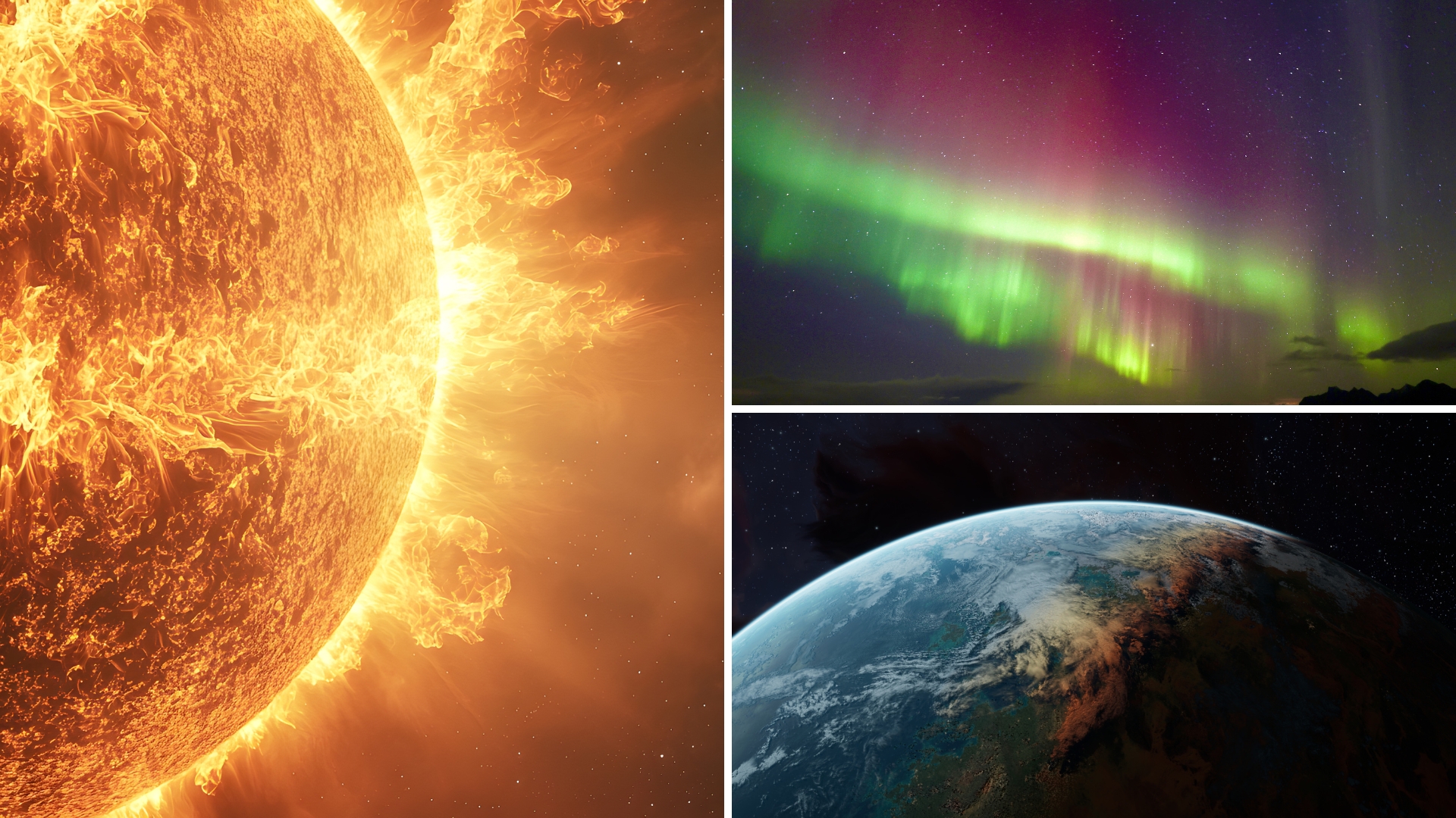 three images next to each other, with a close up of the sun on the left, a red and green northern lights display on the top right and a close up of Earth in the bottom right of the image