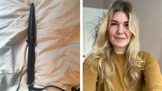 An image of the ghd Creative Curve curling wand on a pink bedspread next to an image of beauty editor Fiona McKim having tested the wand on her long blonde hair