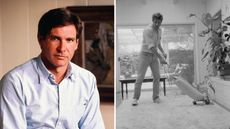 a splitscreen with harrison ford on the left and harrison ford in his living room on the right
