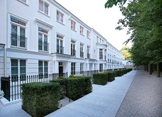 Hamilton Drive, St John's Wood, London, UK. A row of lavish, newly-built neo-Georgian town houses. The 5 storey houses are selling for £10 million +