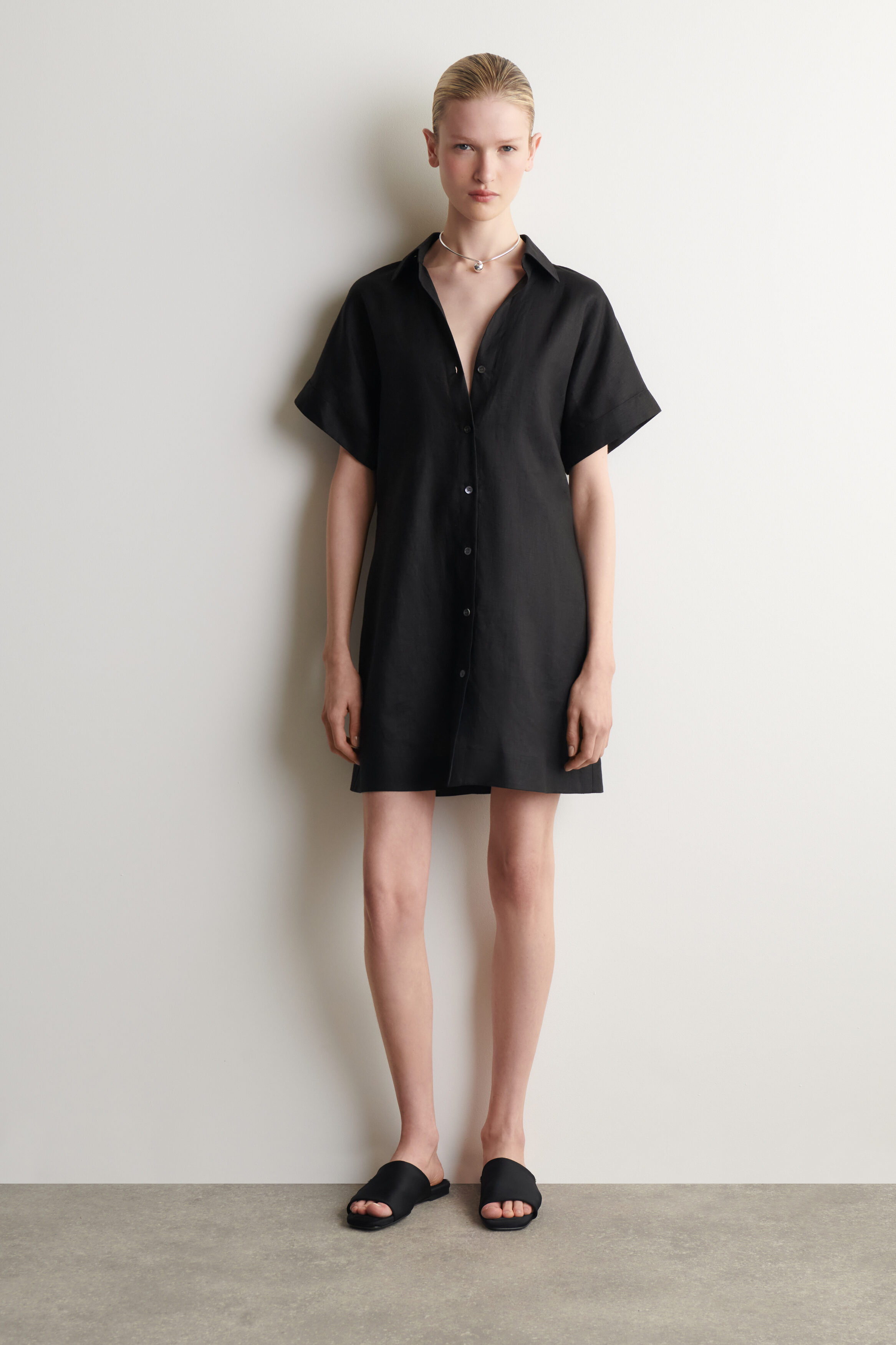 Open-Collar Linen Mini Shirt Dress