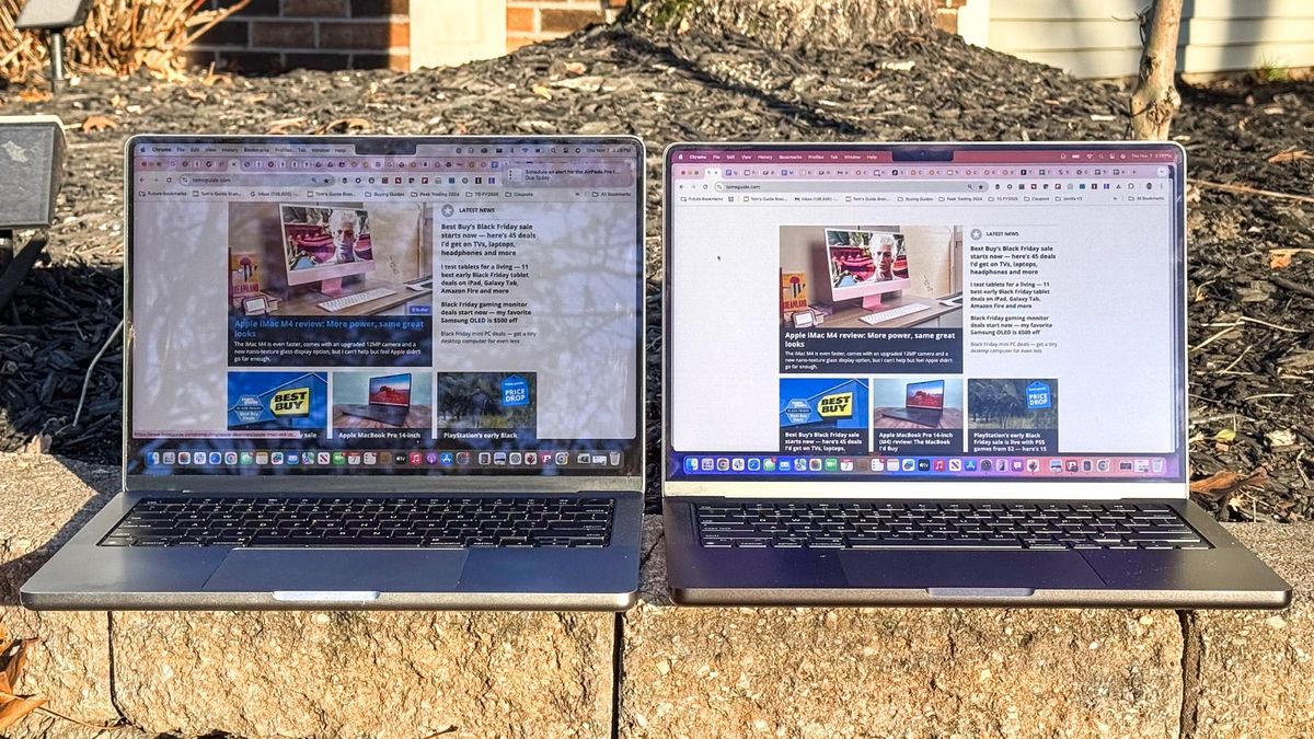 MacBook Pro 14-inch M4 with nano-texture display on right next to M1 MacBook Pro with glossy display showing reflections