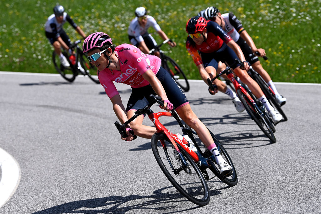 VAL DI ZOLDO PALAFAVERA ITALY MAY 25 Geraint Thomas of The United Kingdom and Team INEOS Grenadiers Pink Leader Jersey competes during the 106th Giro dItalia 2023 Stage 18 a 161km stage from Oderzo to Val di Zoldo Palafavera 1514m UCIWT on May 25 2023 in Val di Zoldo Palafavera Italy Photo by Tim de WaeleGetty Images