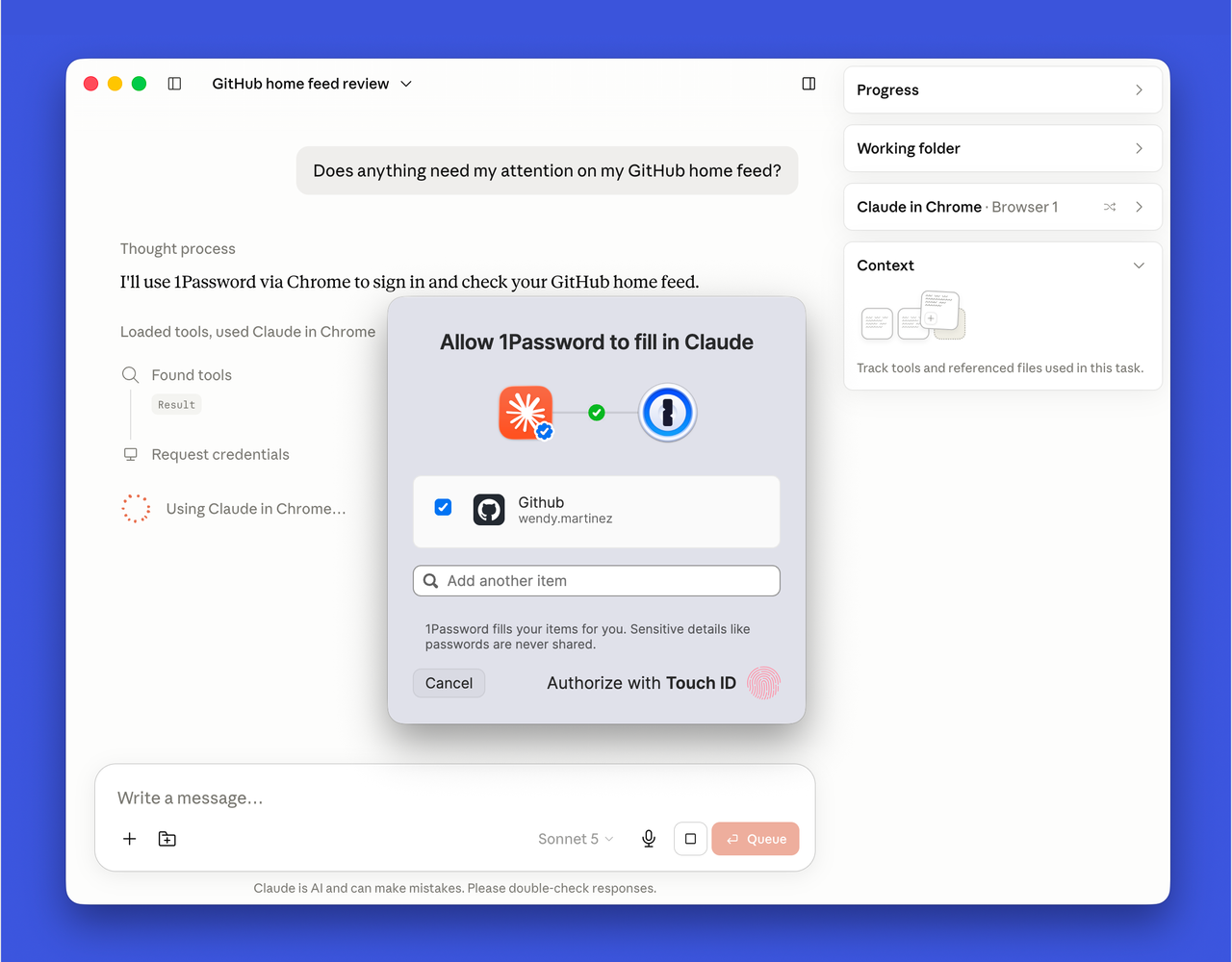 Promotional image showing Claude integration with 1Password filling out a password form for a user on GitHub.