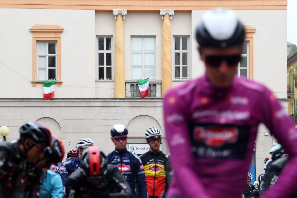 CANALE ITALY MAY 10 Decorated balcony on Piazza Duomo at start during the 104th Giro dItalia 2021 Stage 3 a 190km stage from Biella to Canale Public Fans Italian Flag Landscape girodiitalia Giro on May 10 2021 in Canale Italy Photo by Tim de WaeleGetty Images