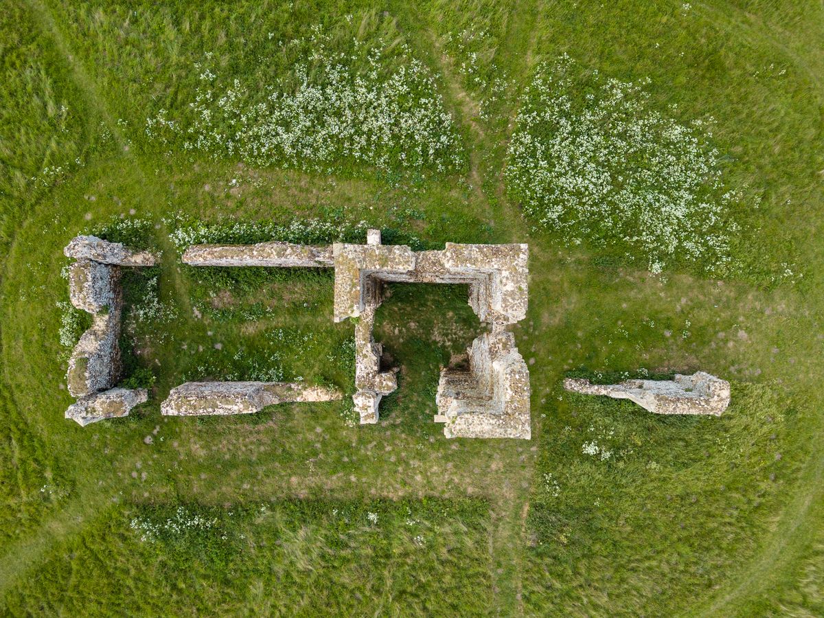 An aerial view of some old building foundations