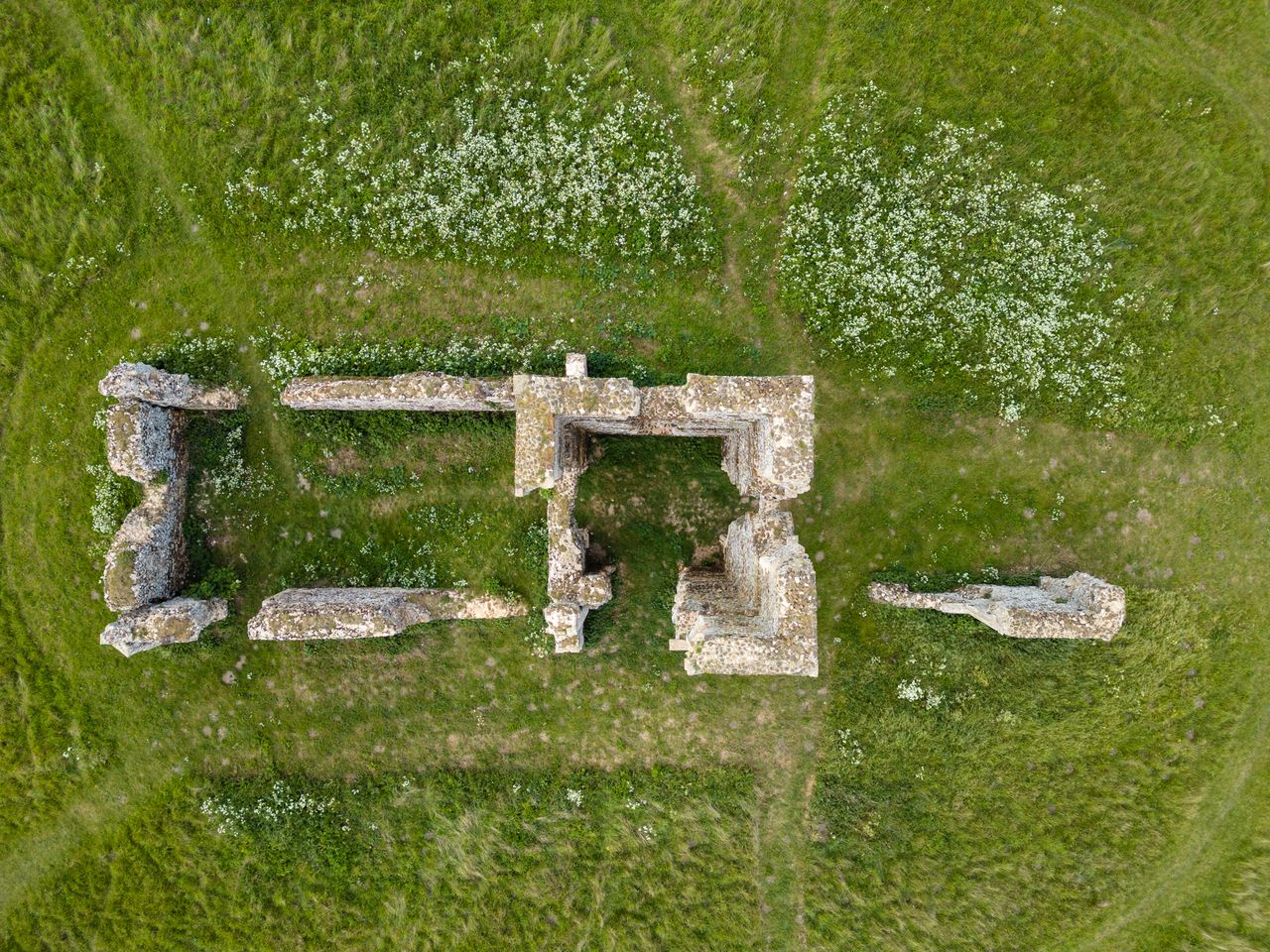 An aerial view of some old building foundations