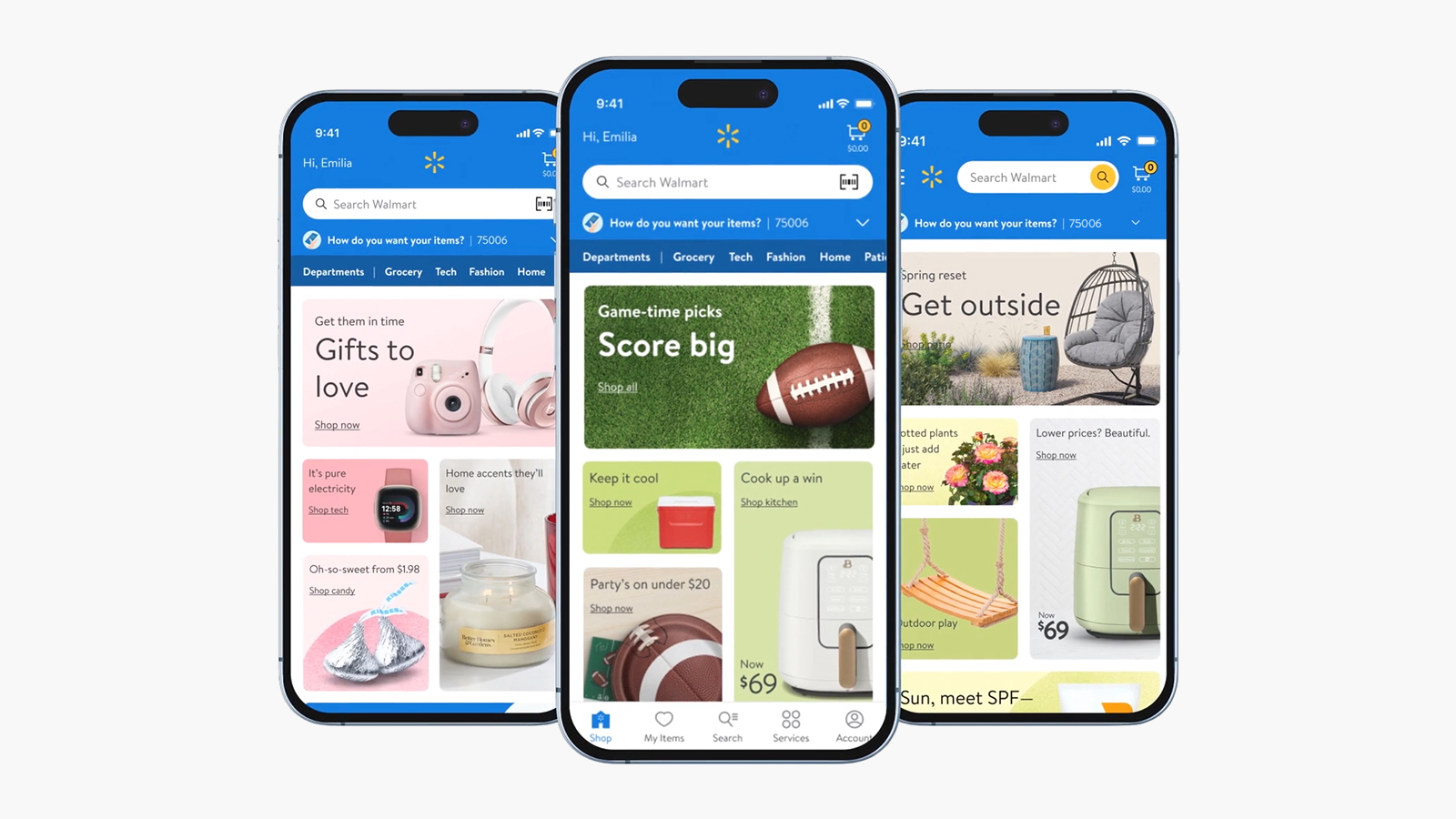Three smartphones, each displaying a different page of the Walmart website.