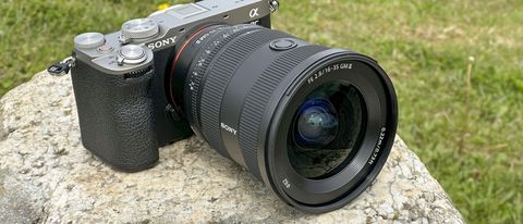 Sony FE 16-35mm F2.8 GM II lens attached to a Sony A7C II, outdoors on a rock