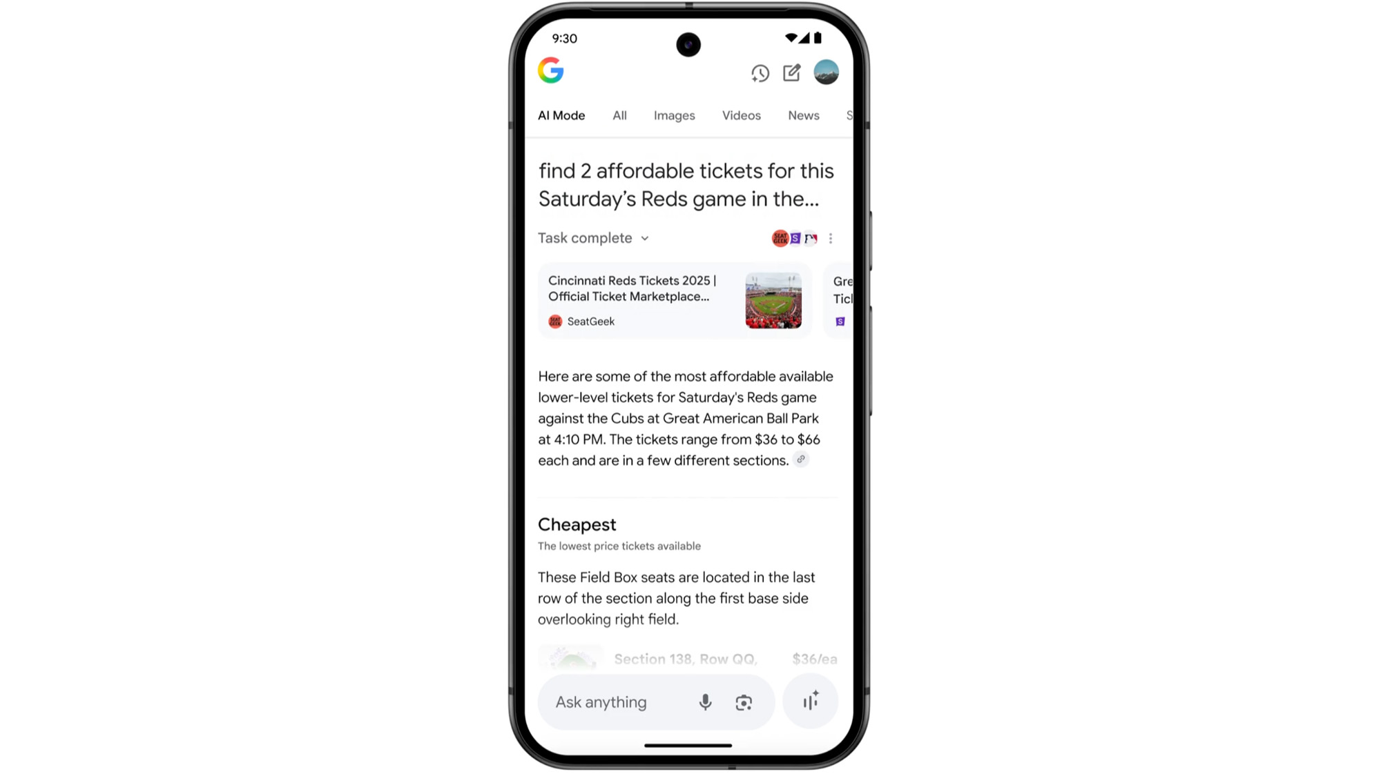 Google Search AI Mode suggesting places to buy Cincinnati Reds tickets