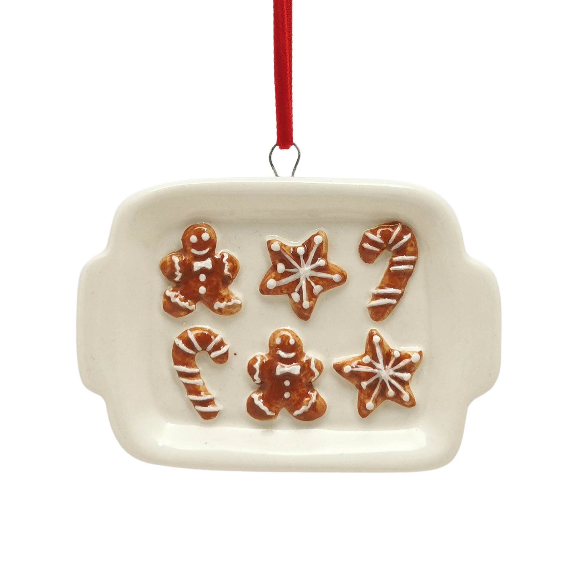 Gingerbread baking pan Christmas ornament with red ribbon