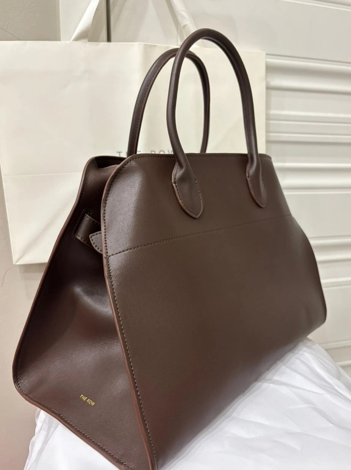 The Row Margaux 15 Soft Bag Dark Brown in Leather