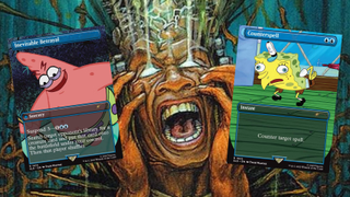 Mind Rot card art (showing a human screaming in agony) with two meme Spongebob Squarepants Secret Lair cards laid over top