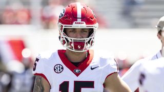 Carson Beck #15 of the Georgia Bulldogs prior to the Georgia Bulldogs vs Clemson Tigers live stream