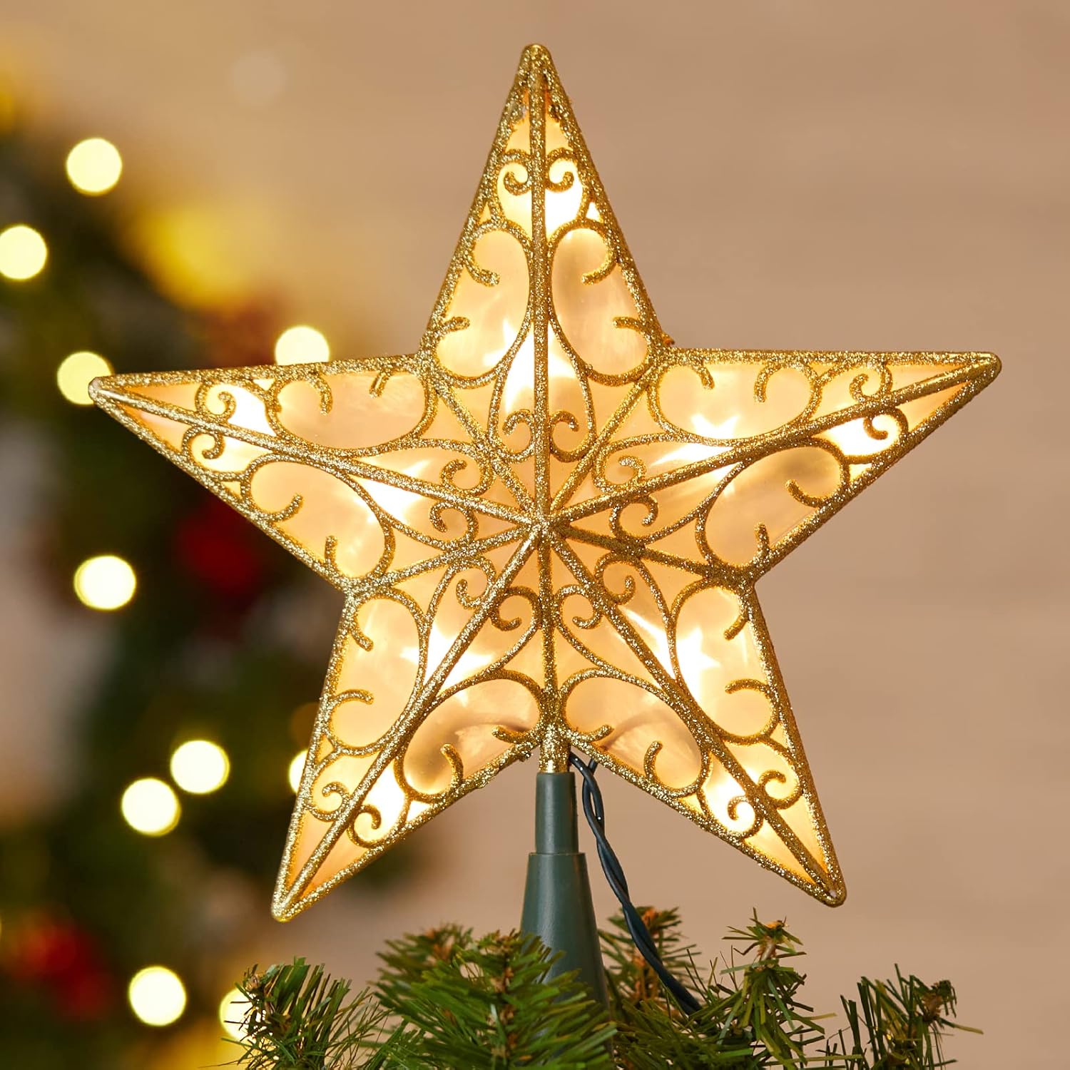 Christmas Star Tree Topper, 9.5 in Plug in Golden Glittered 3d Star Tree Topper, Metal Hollow Designed Built-In 10 Bulbs String Lights for Indoor Office Christmas New Year Holiday Tree Decoration