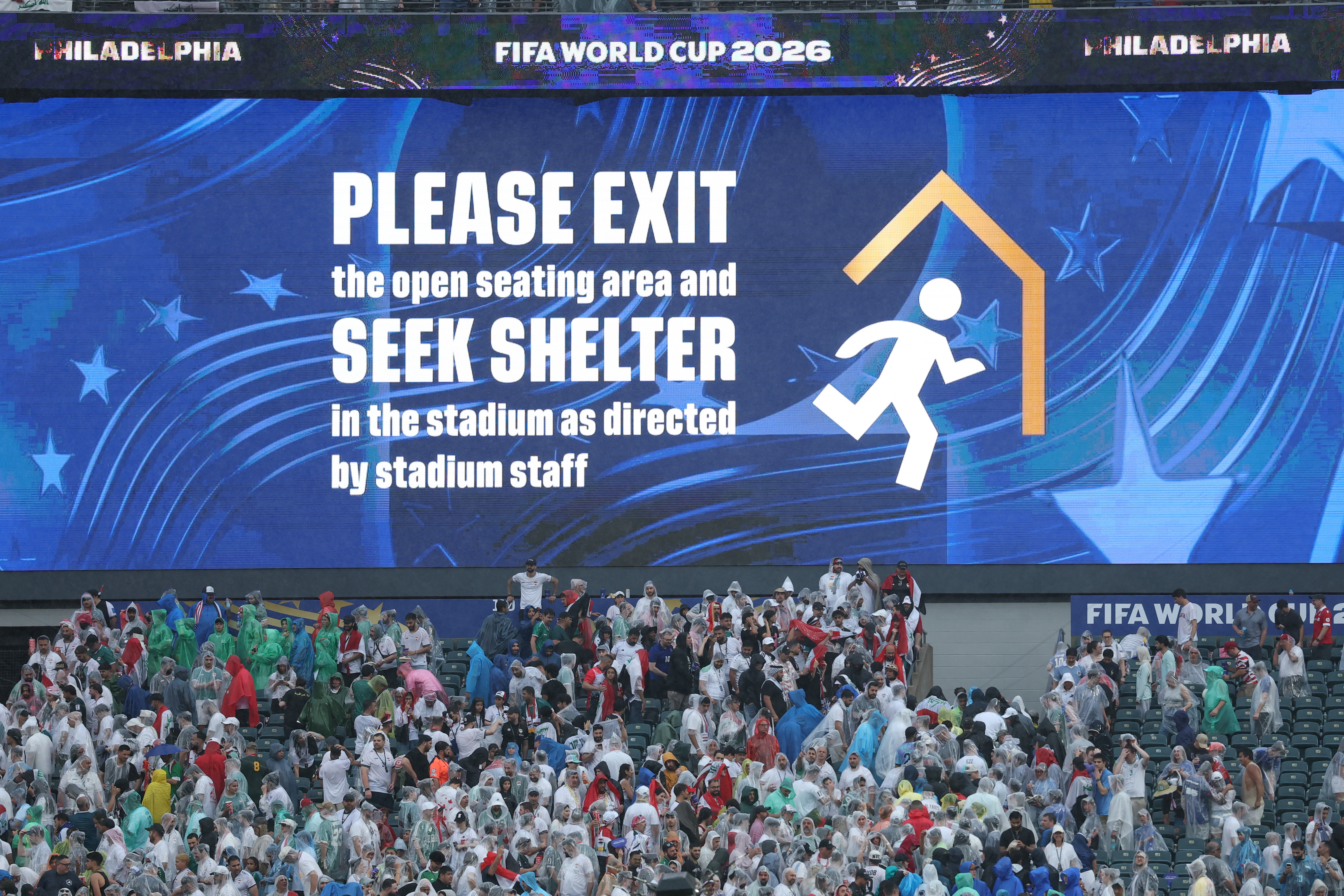 PHILADELPHIA, PENNSYLVANIA - JUNE 22: The big screen shows a weather warning during half time during the FIFA World Cup 2026 Group I match between France and Iraq at Philadelphia Stadium on June 22, 2026 in Philadelphia, Pennsylvania. (Photo by Dan Mullan/Getty Images)