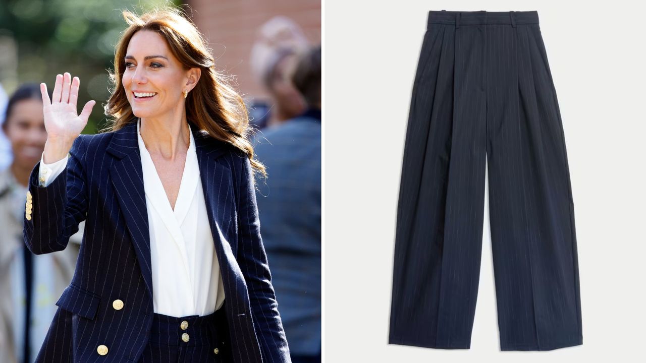 Kate Middleton in Cardiff, 2023 and the M&amp;S Pinstripe Pleat Front Wide Leg Trousers