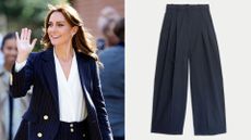 Kate Middleton in Cardiff, 2023 and the M&S Pinstripe Pleat Front Wide Leg Trousers