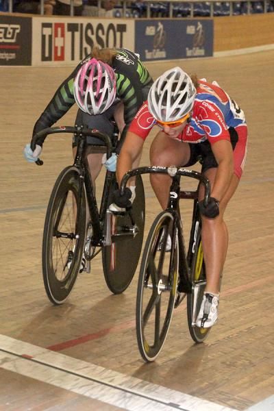 Dana Feiss takes the second ride in the Women's Match Sprint Final for the Gold Medal against Cristin Walker.