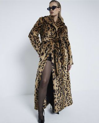 River Island, Brown Faux Fur Leopard Maxi Coat