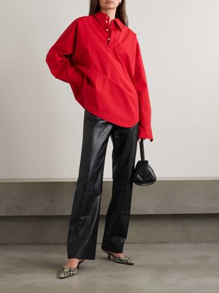 Paneled Textured-Leather Straight-Leg Pants