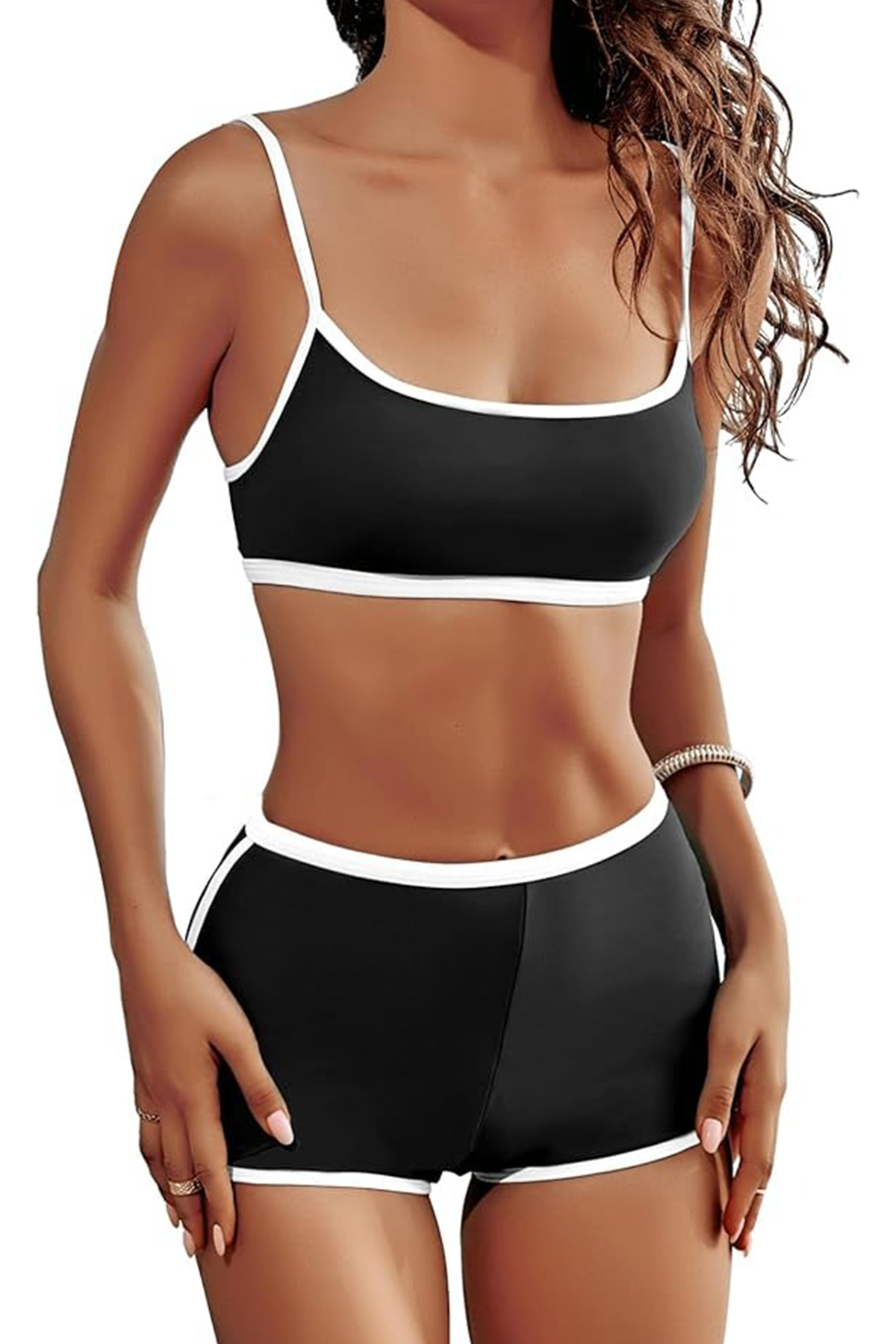 Angimelo High Waisted Bikini Sets for Women Two Piece Tummy Control Swimsuits Modest Bathing Suit Shorts Swim Suits Teens