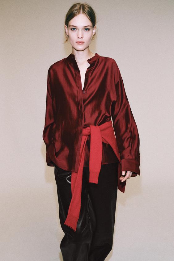 ZARA, Zw Collection Stand Collar Shirt - Red - Xs