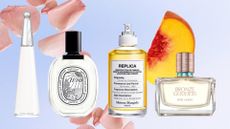 A collage of scents for summer, including fragrances from Issey Miyake, Diptyque, Maison Margiela and Estee Lauder, in a blue template with stock images of flower petals and fruit slices.
