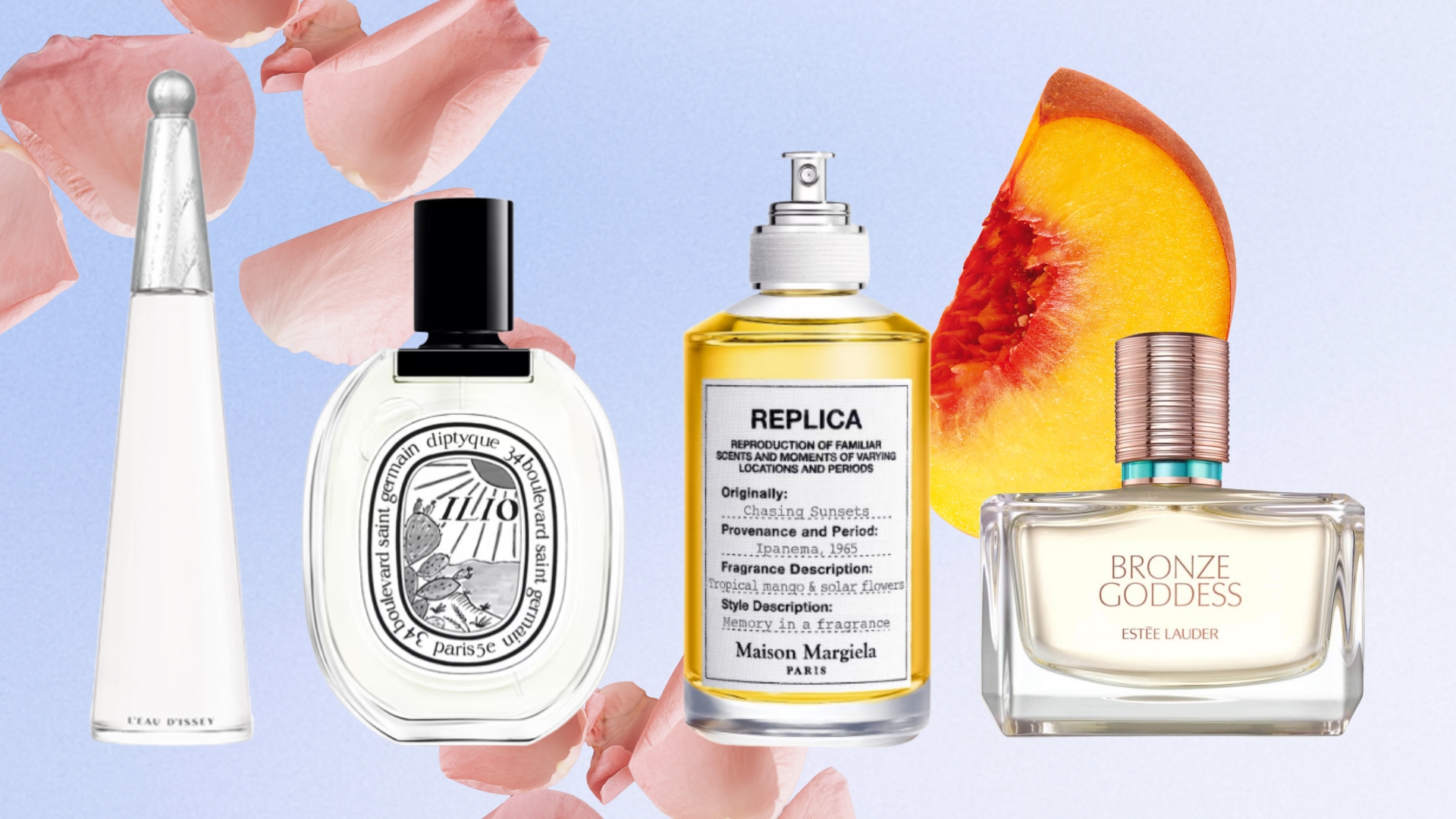 A collage of scents for summer, including fragrances from Issey Miyake, Diptyque, Maison Margiela and Estee Lauder, in a blue template with stock images of flower petals and fruit slices.