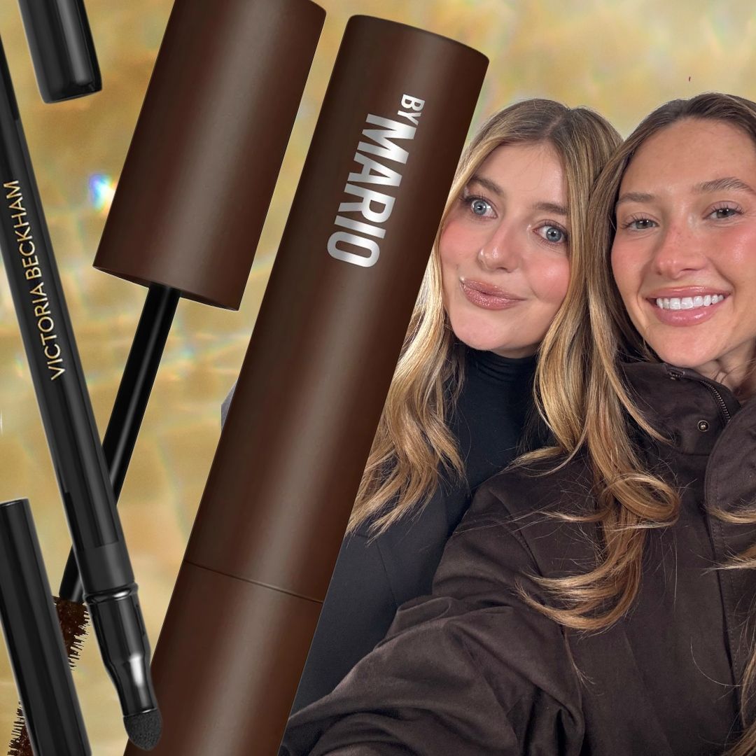 two girls on a gold background next to mascara and eyeliner